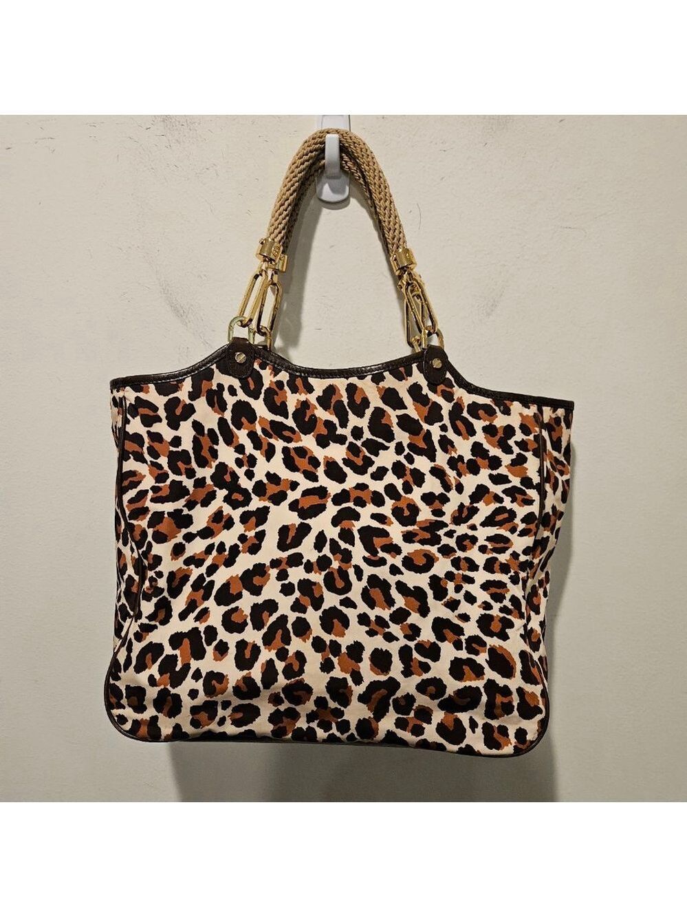 Women's Tory Burch Leopard Print Large Tote Bag Rope Handles Brown Beige - Picture 4 of 12